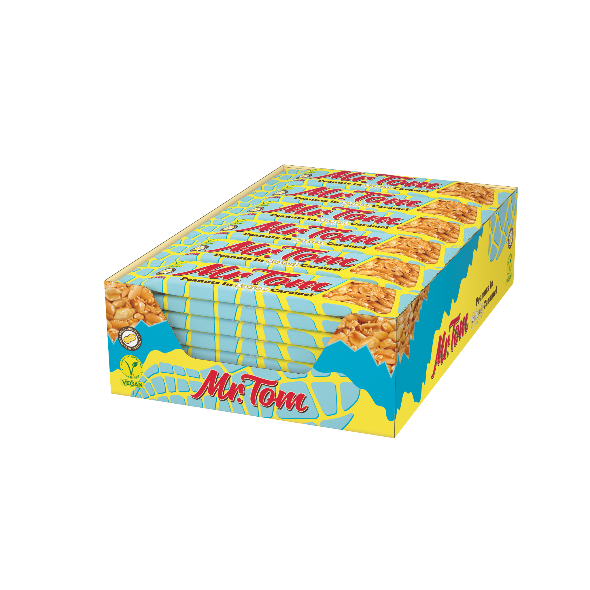 Produktbild von Mr. Tom Salted Caramel Riegeln in einem offenen Karton

