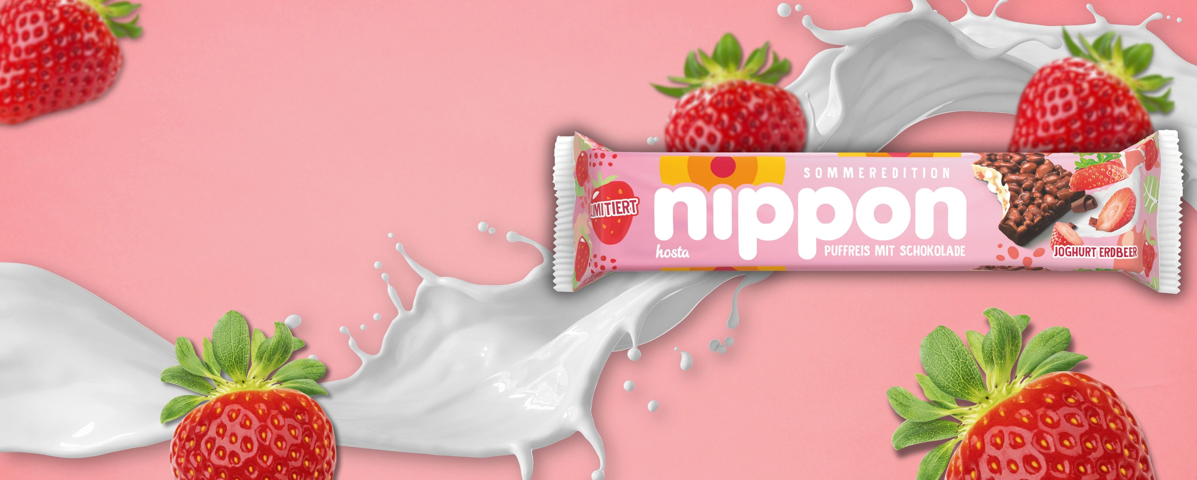 Produktbild von nippon Joghurt Erdbeer auf rosafarbenem Hintergrund mit Erdbeeren und weißen Milchklecksern
