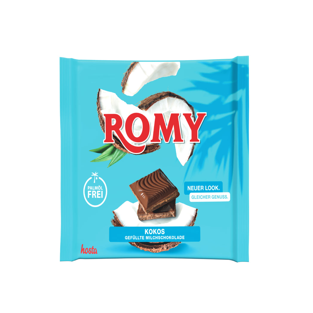 Bild von der Verpackung einer ROMY-Kokos-Schokolade mit Kokosnuss-Abbildungen auf hellem Hintergrund.