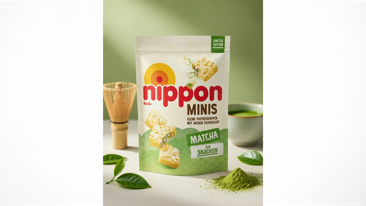 Produktbild von nippon Minis Matcha mit Beutel, kleinen Puffreishappen, Matcha‑Pulver, Teeblättern, Schale und Besen auf grünem Hintergrund