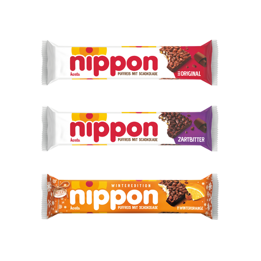 Produktbild von drei nippon‑Schokoriegeln in den Sorten Original, Zartbitter und Winteredition